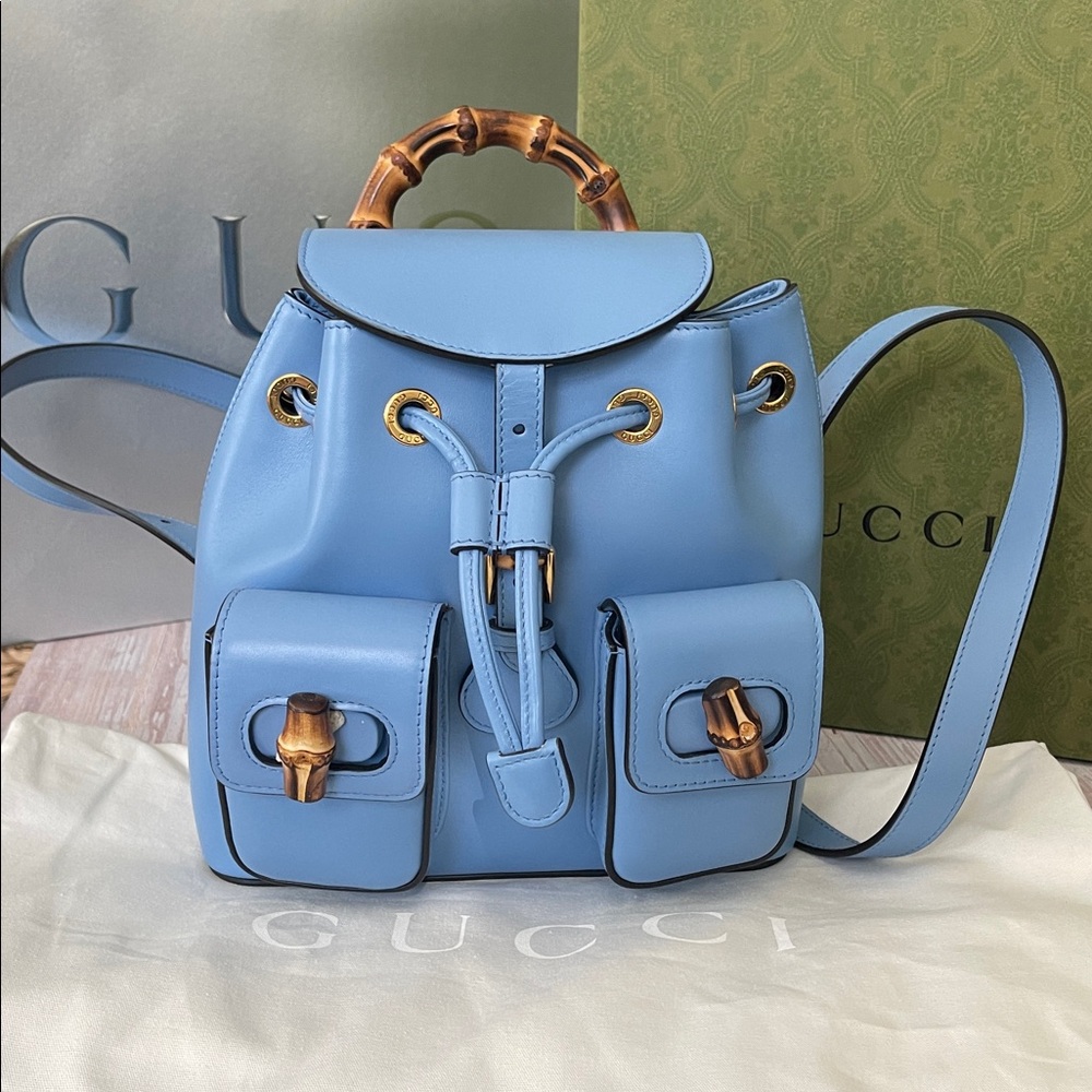 $4,150 New Authentic BAMBOO GUCCI Backpack baby blue + pouch, gift box, bag